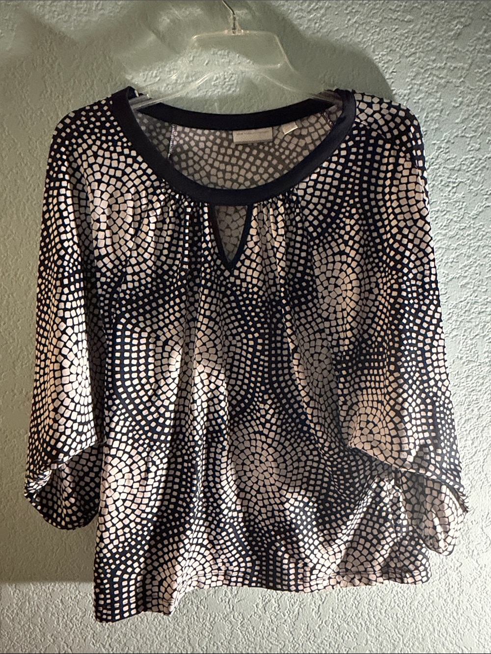 New York & Company Black and Cream Geometric Keyhole Blouse